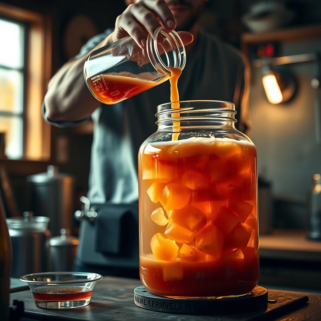 Homebrewer adding fruit puree to glass carboy during secondary fermentation