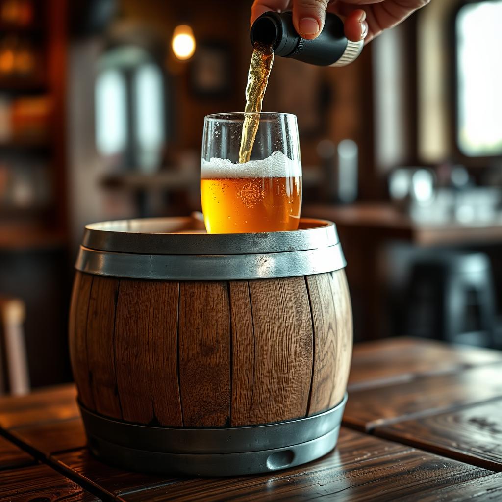 Small oak barrel pouring beer into a glass, rustic pub setting, wood-aged beer photography