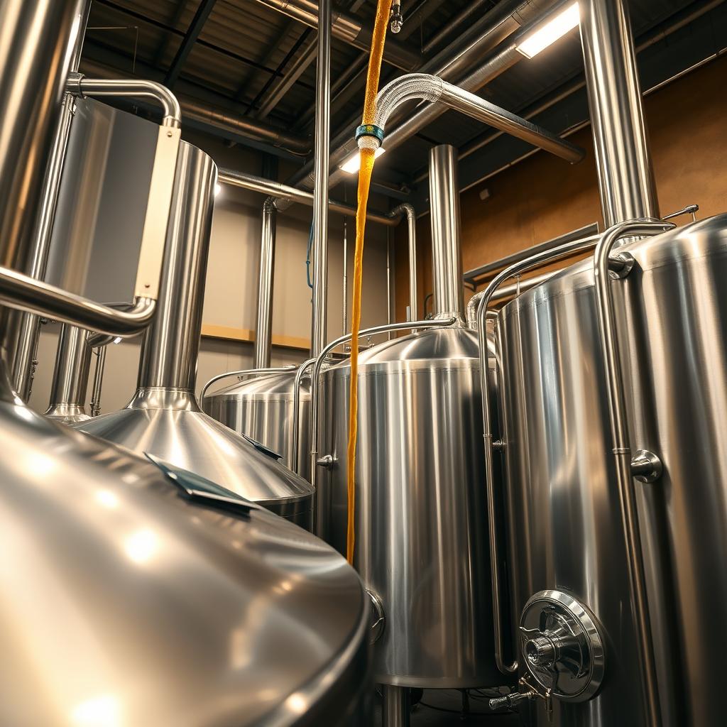 Stainless steel fermentation tanks in modern craft brewery with lager transfer