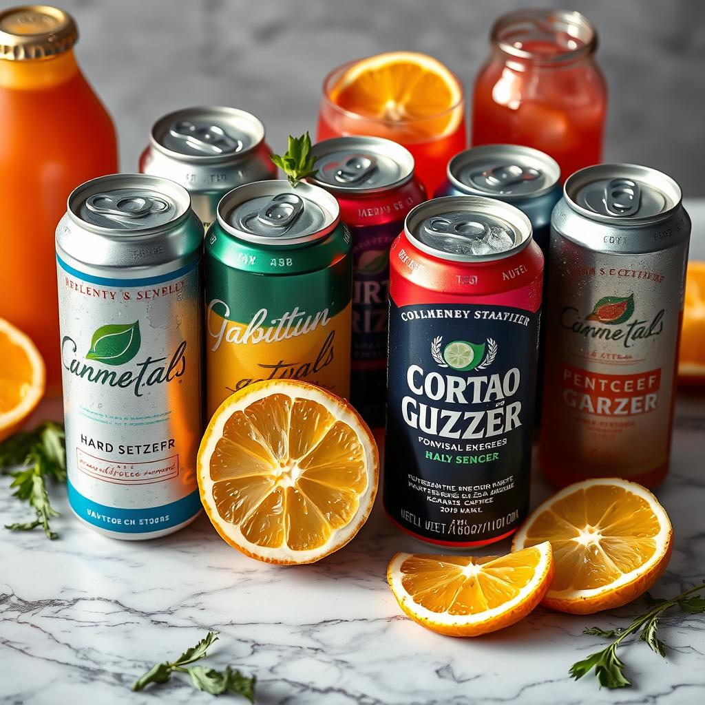 Assorted canned cocktails and hard seltzers with condensation, arranged with citrus slices