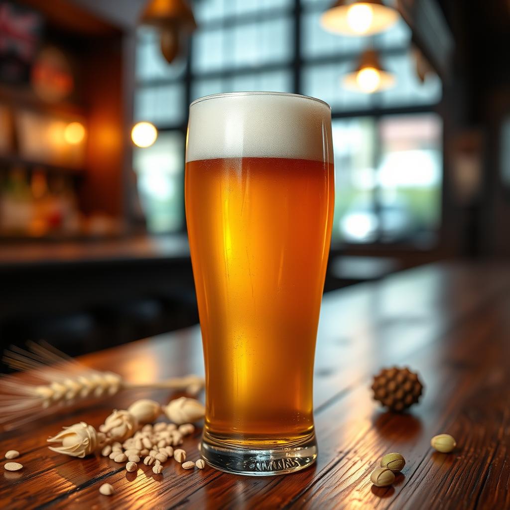 Perfectly poured golden craft lager with foamy head on rustic bar with barley and hops