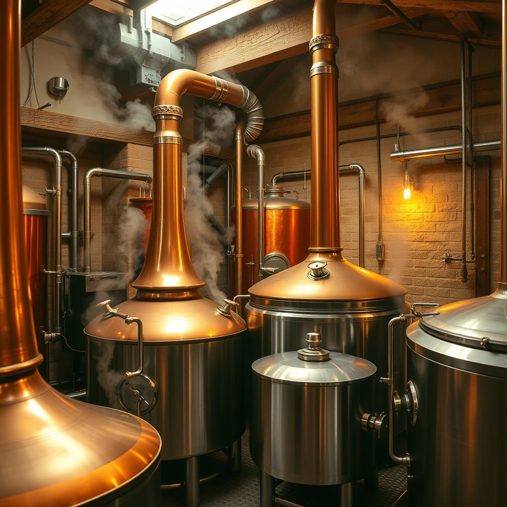 Traditional Bavarian brewing equipment with copper kettles for Dampfbier production
