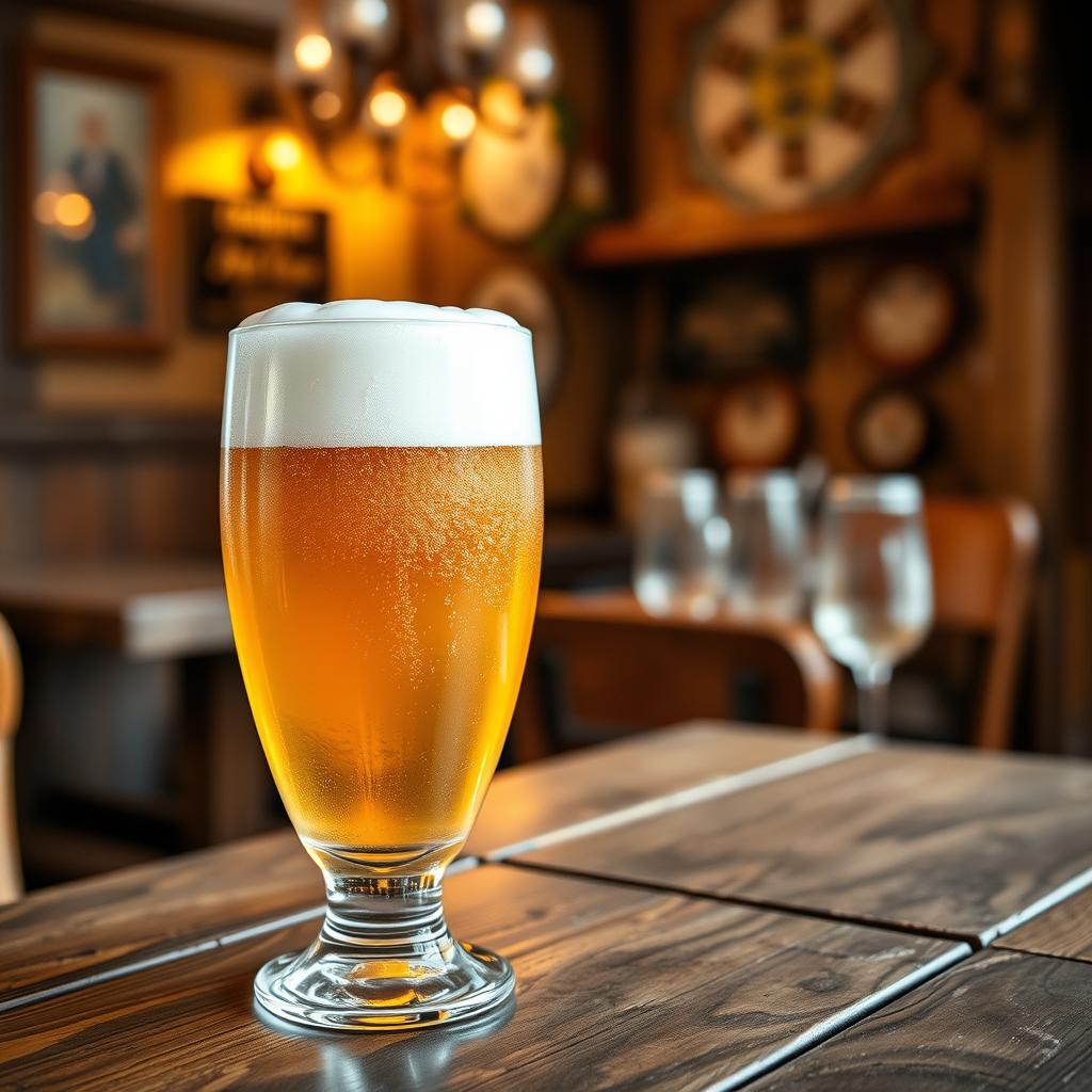 Traditional German Dampfbier with frothy white head in Bavarian pub setting