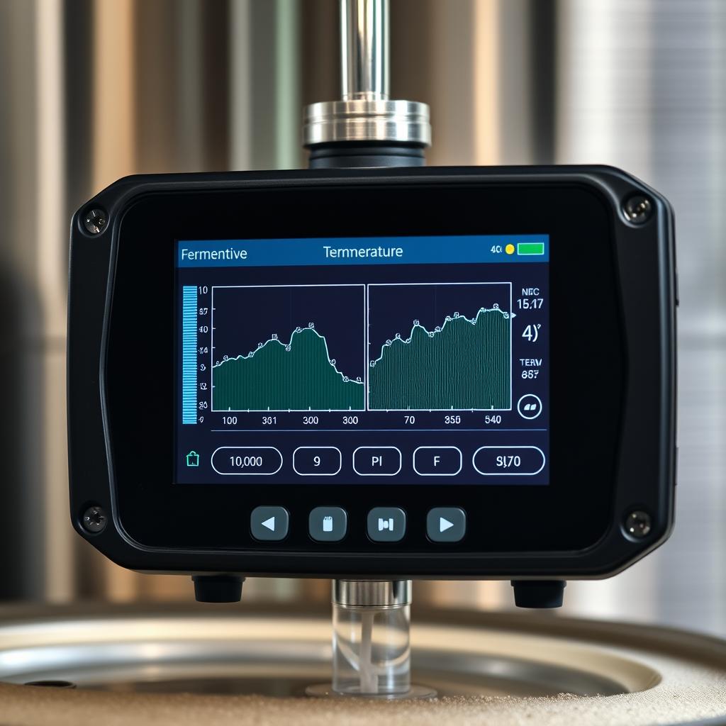 Digital brewing controller with touchscreen interface showing fermentation temperature graphs and pH monitoring