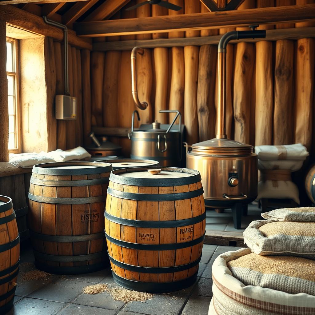 Traditional farmhouse brewing equipment with wooden barrels and copper kettles in rustic barn setting