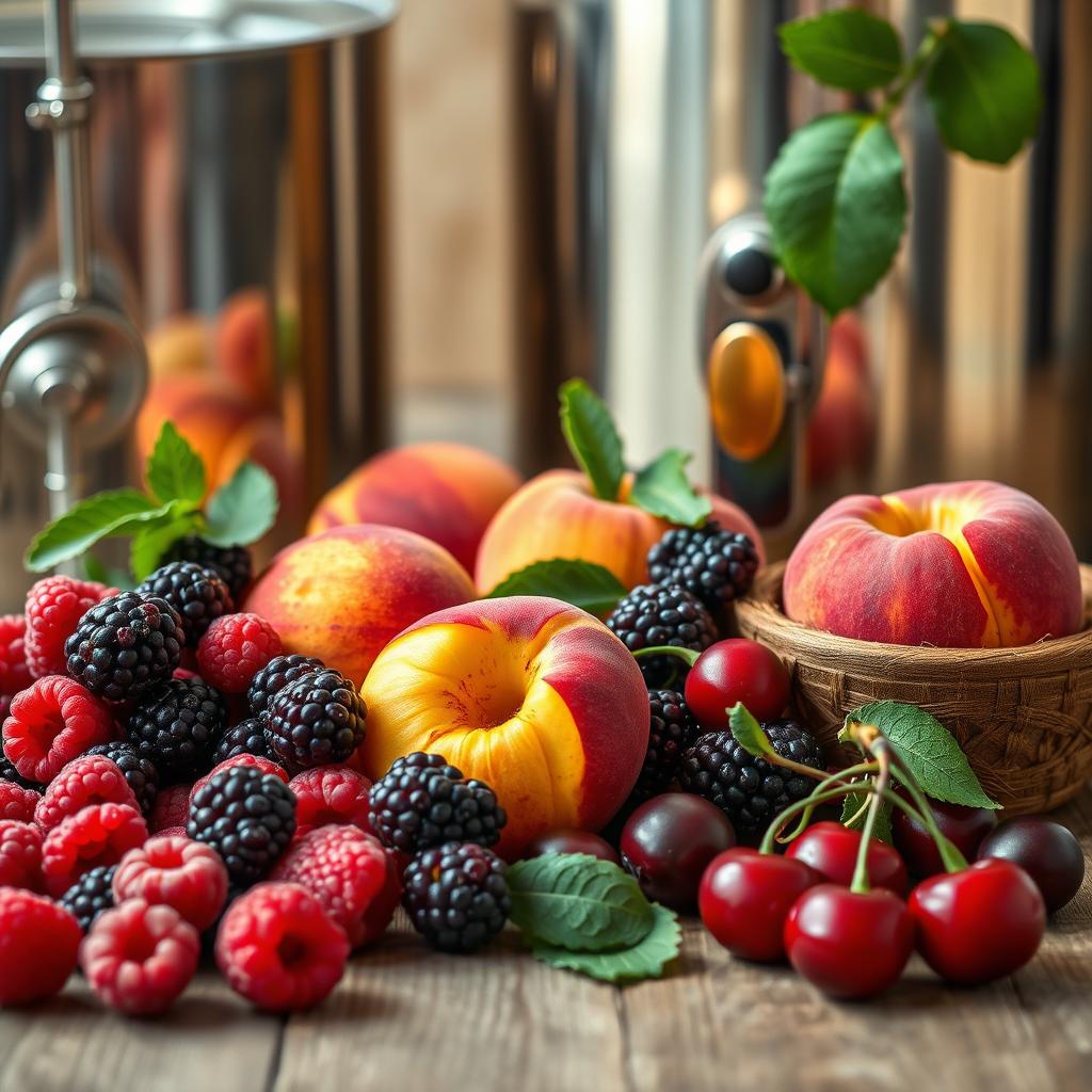 Assortment of fresh fruits for brewing - raspberries, blackberries, peaches, and cherries