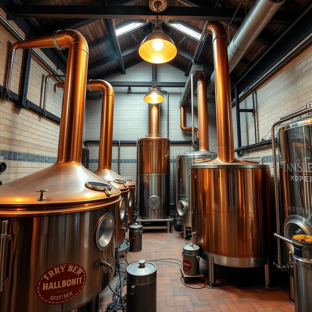 Traditional German brewery interior with copper brewing kettles and fermentation tanks