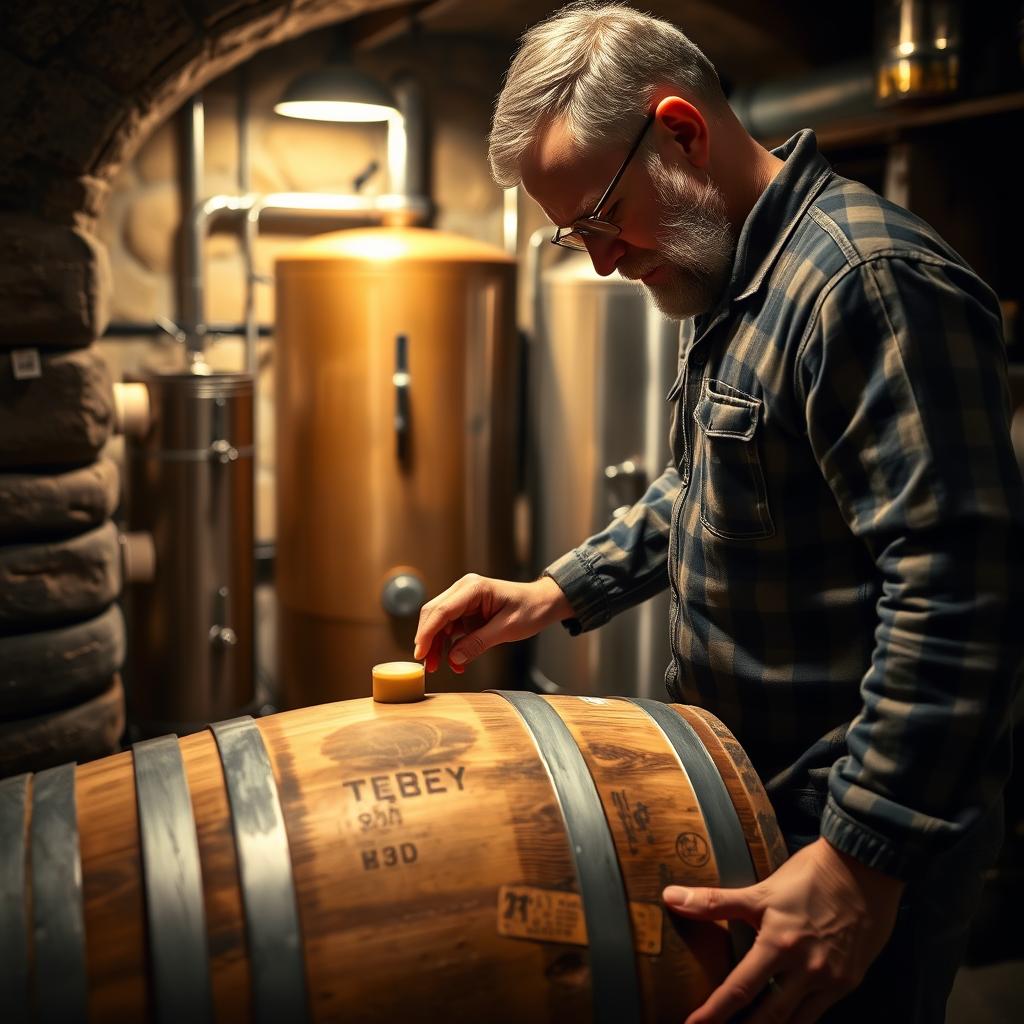 Homebrewer checking a small oak barrel in a cellar, home brewing wood aging setup, fermentation equipment