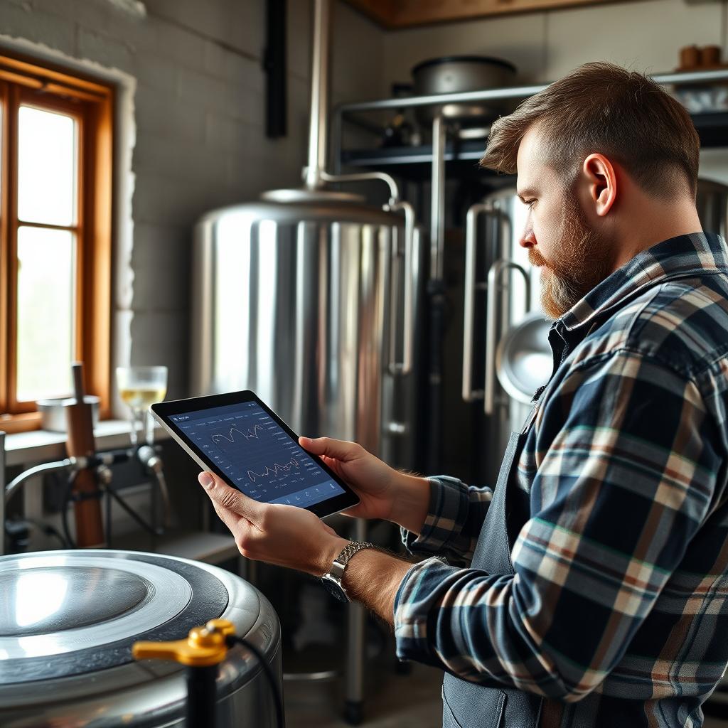 Homebrewer monitoring fermentation data on tablet while checking stainless steel fermentation tanks in workshop