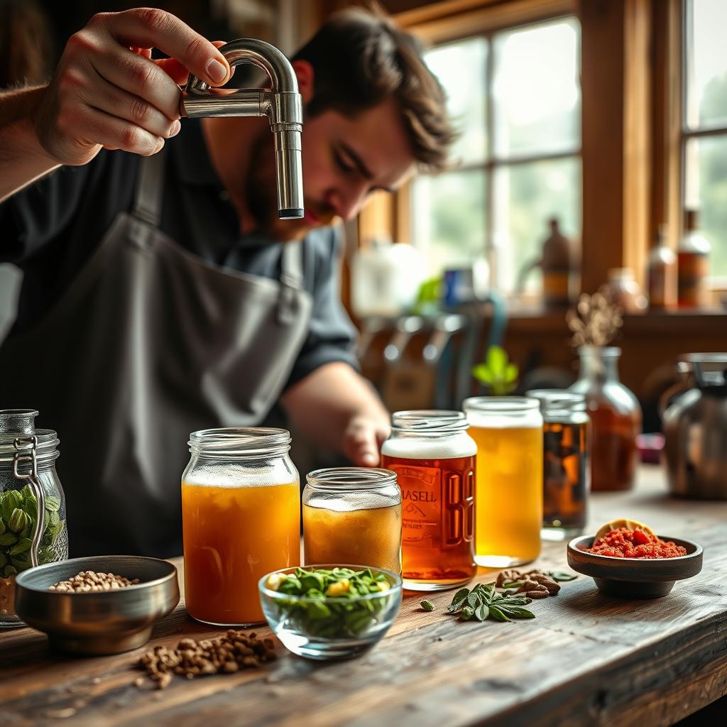 Homebrewer experimenting with different beverage ingredients including malt, hops, fruit purees, and botanicals