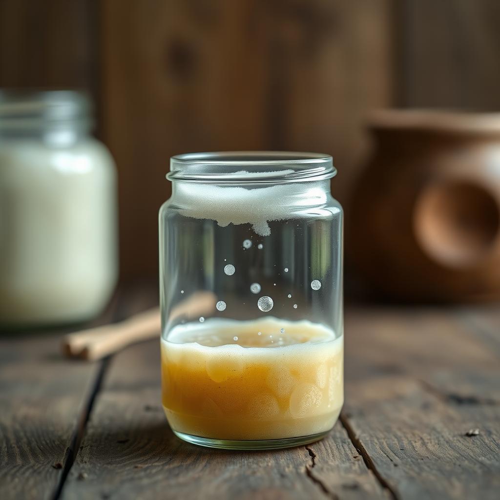 Close-up of traditional kveik yeast culture bubbling in a glass jar with rustic wooden background