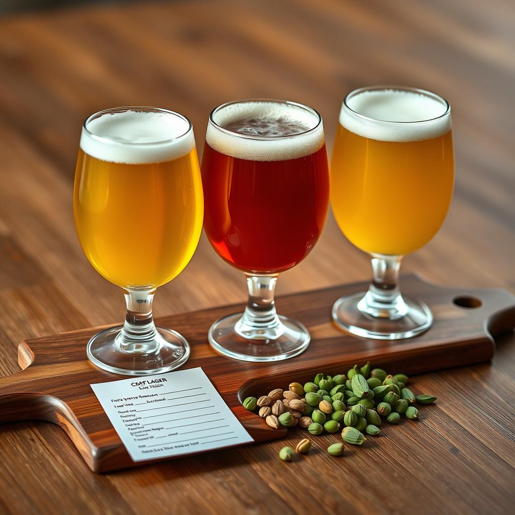 Flight of three different craft lagers with tasting notes on wooden board