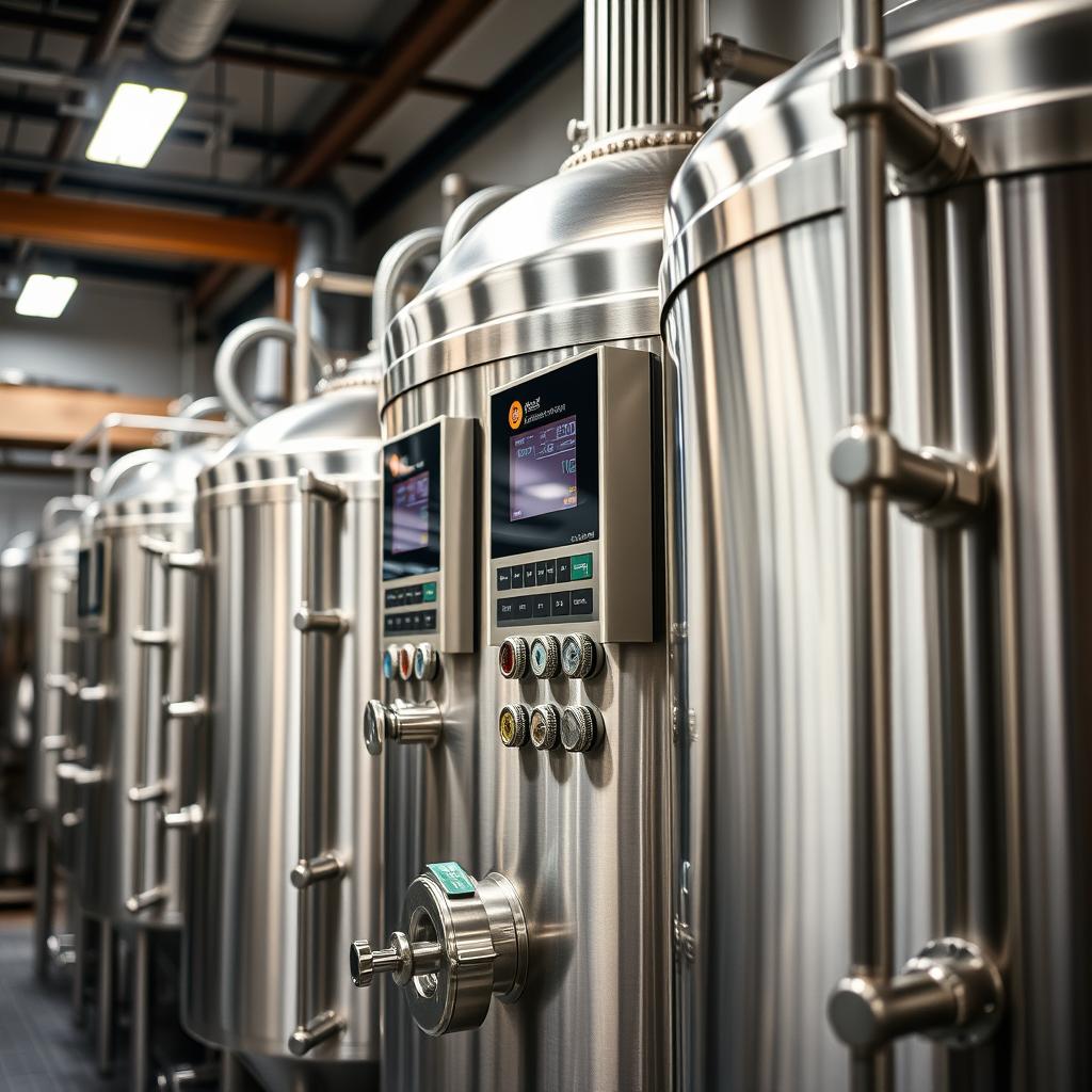 Modern stainless steel brewing equipment with digital controls