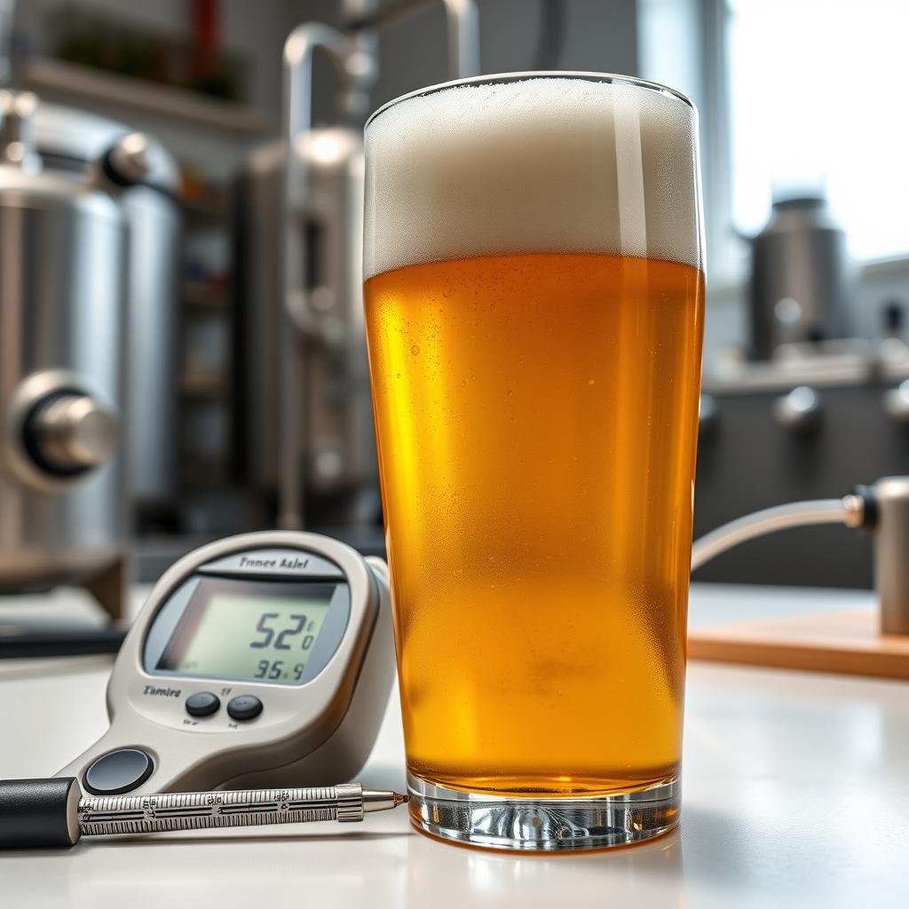 Close-up of golden ale with scientific brewing equipment showing precision measurement tools for homebrewing