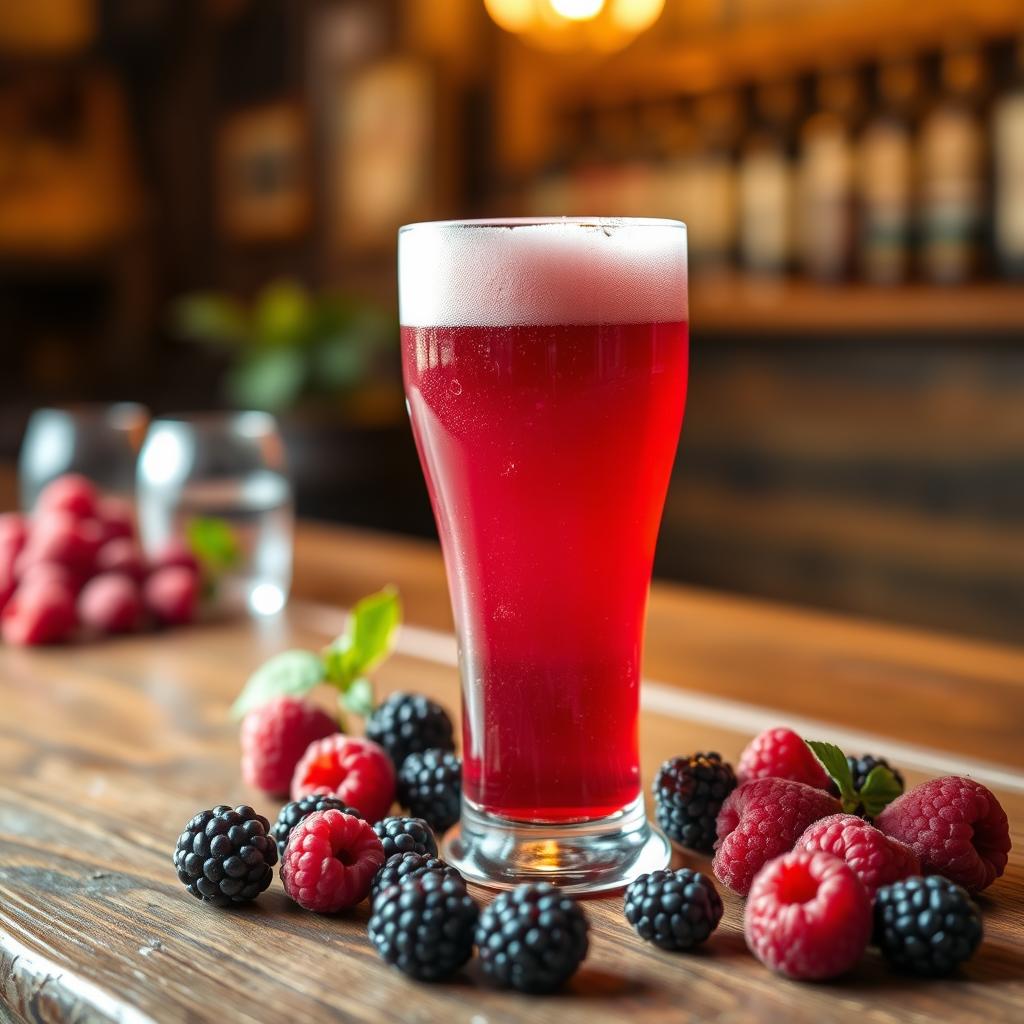 Glass of vibrant raspberry fruit beer with fresh berries on a rustic wooden bar