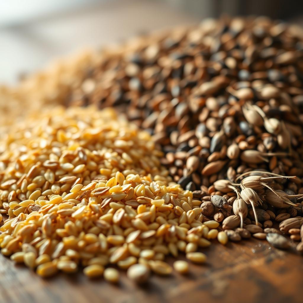 Golden rye grains and dark malted barley on wooden brewing table