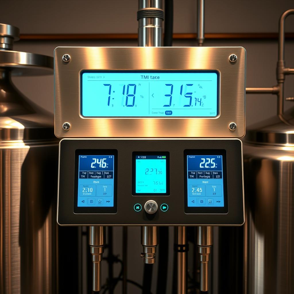 Modern smart homebrewing system with digital displays and touchscreen controls for precise brewing
