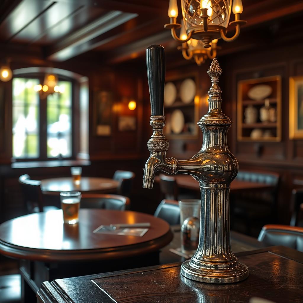 Traditional British pub interior with handpump pouring dark mild ale, cosy atmosphere