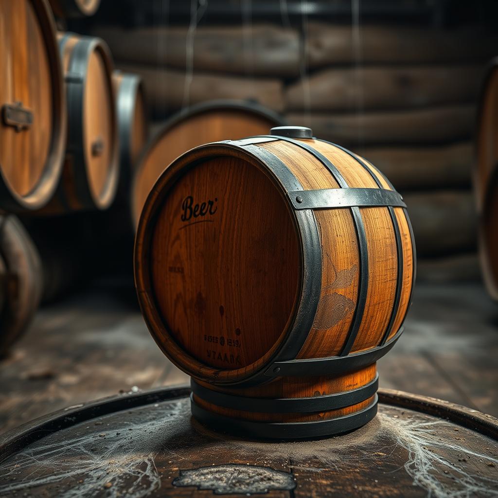 Rustic oak barrel aging wild fermentation beer in traditional lambic brewery