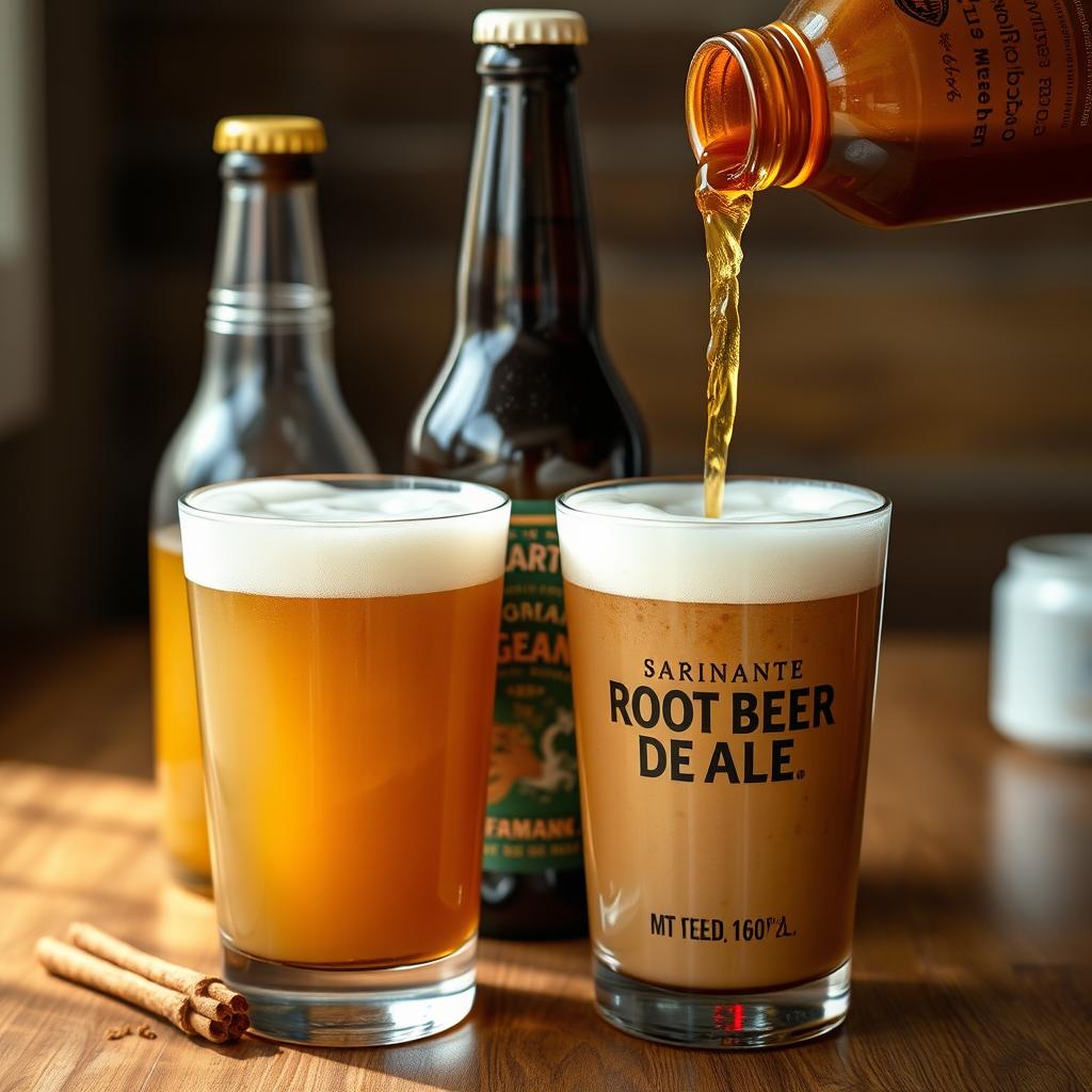 Close-up of artisanal root beer and ginger ale bottles being poured with frothy heads, malt syrup and spices visible