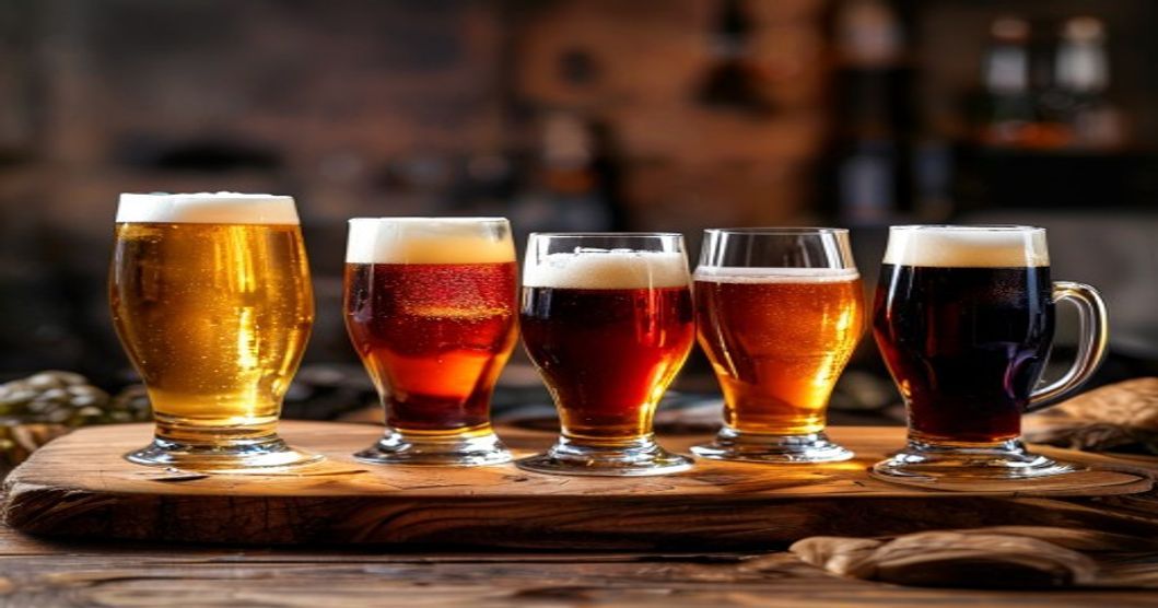 Professional beer flight tasting setup with four beer glasses showing different beer colors from light to dark