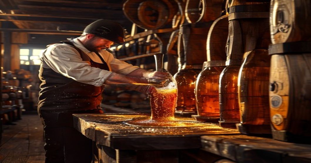 Belgian beer blending scene with aged barrels