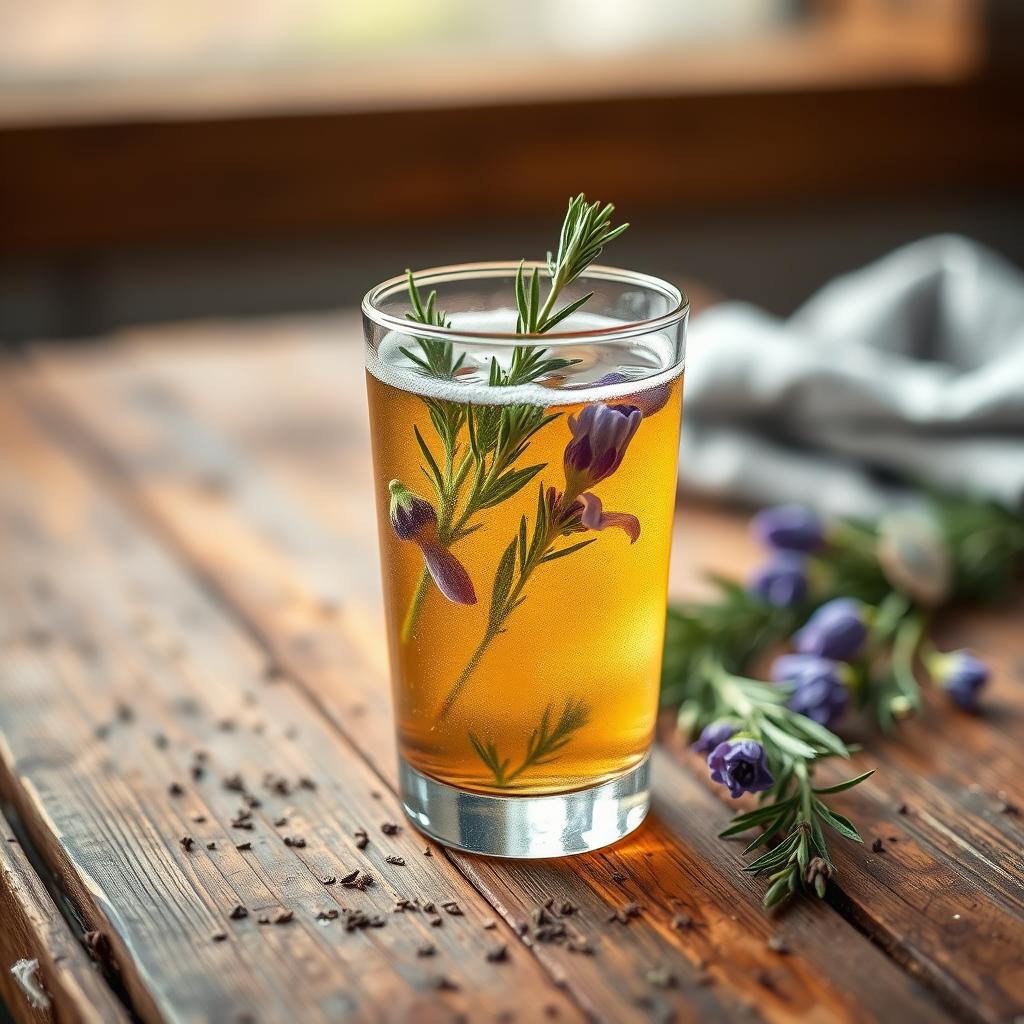 Craft beer with herbal botanical infusions including rosemary and lavender floating inside, on rustic wooden table