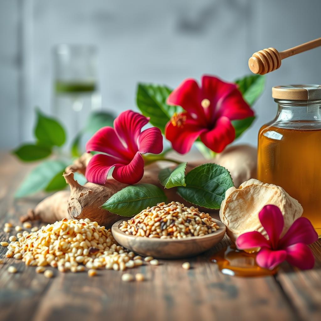 Close-up of exotic brewing ingredients including sorghum, cassava, hibiscus, and African honey