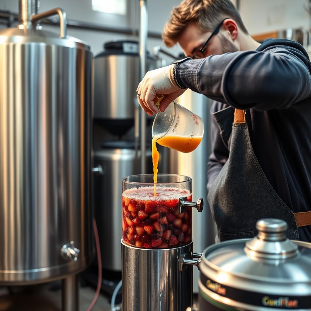 Homebrewer adding fruit puree to fermentation vessel