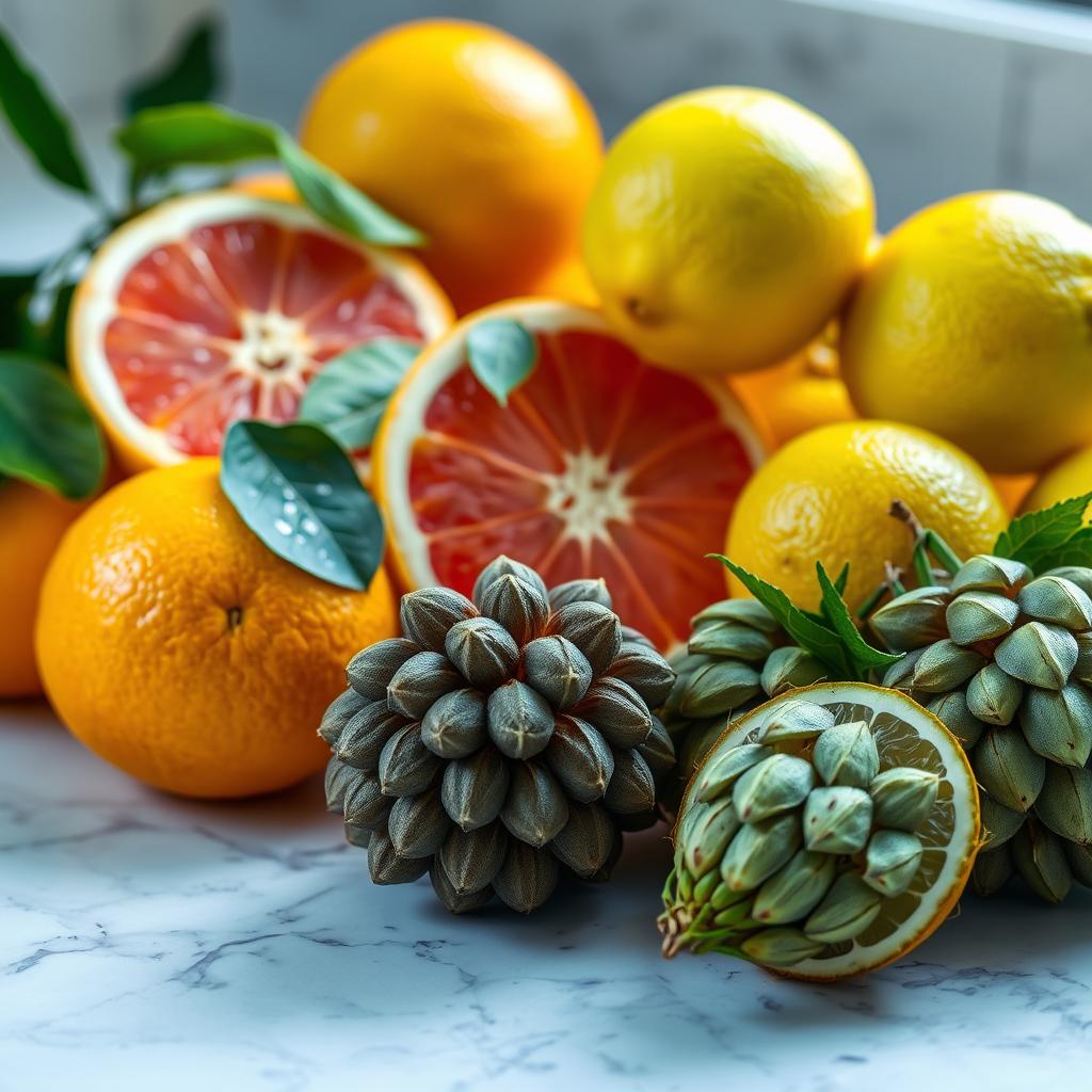 Fresh citrus fruits and hop cones on marble countertop