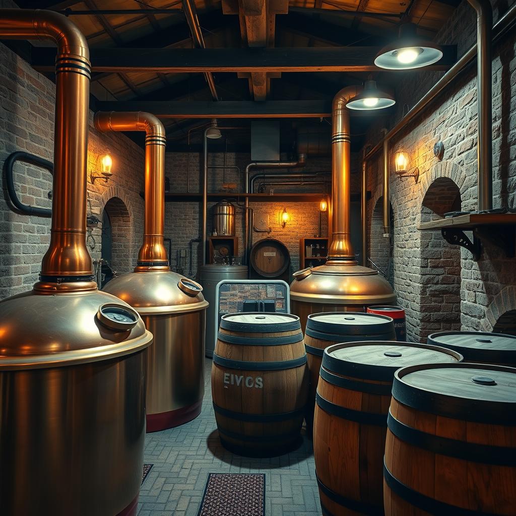 Traditional German brewery interior with copper kettles and wooden barrels
