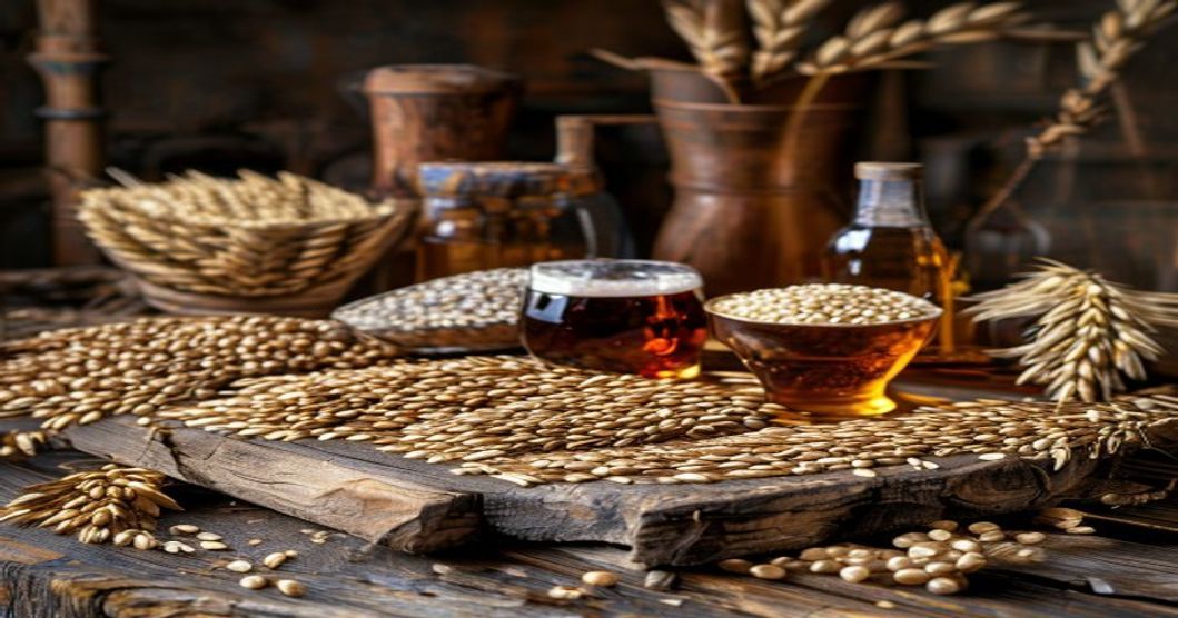 Heritage grains and ancient barley varieties on rustic table