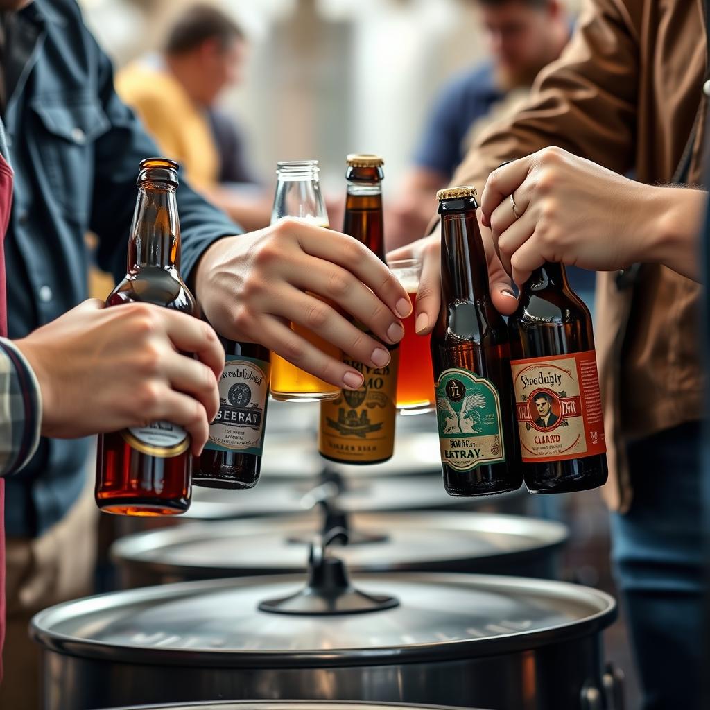 Homebrewers exchanging bottles at a community brewing event