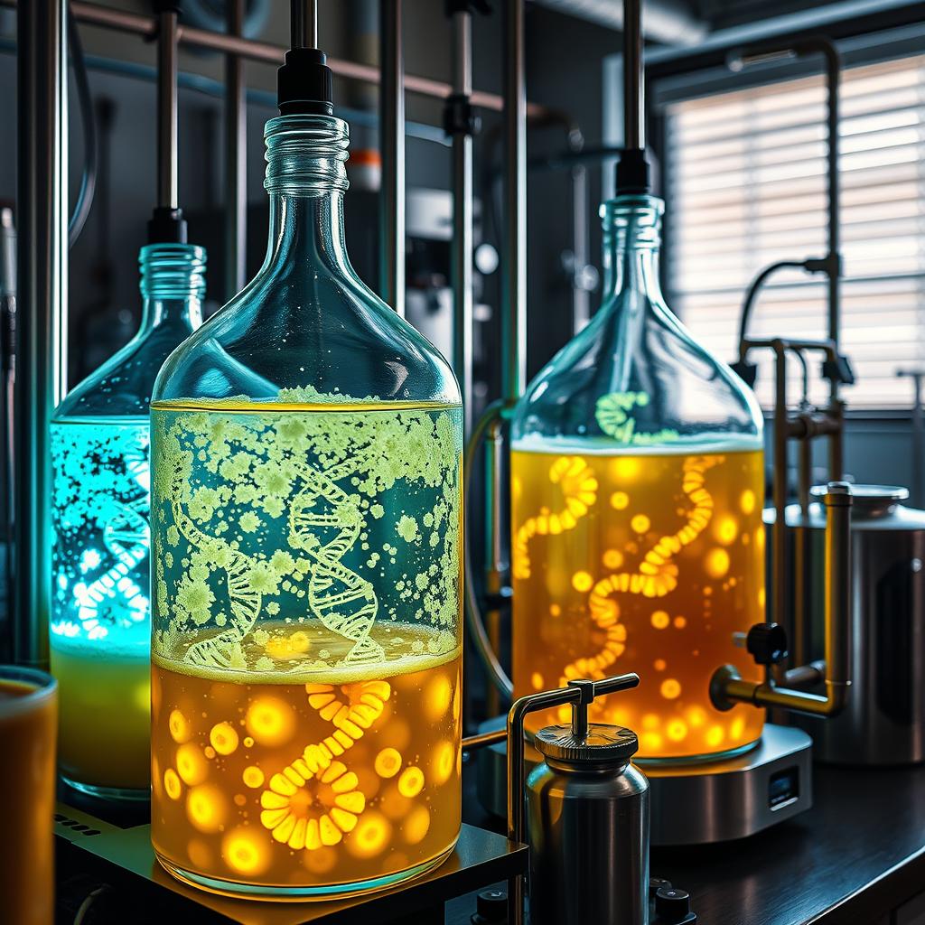 Homebrewing equipment with glowing yeast cultures and scientific equipment