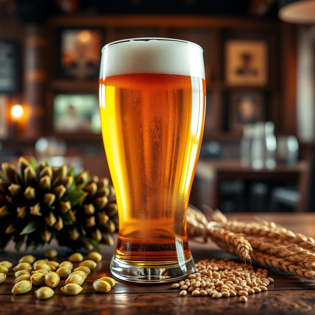 Golden amber hybrid beer with perfect white foam head, showcasing the delicious results of hybrid fermentation techniques
