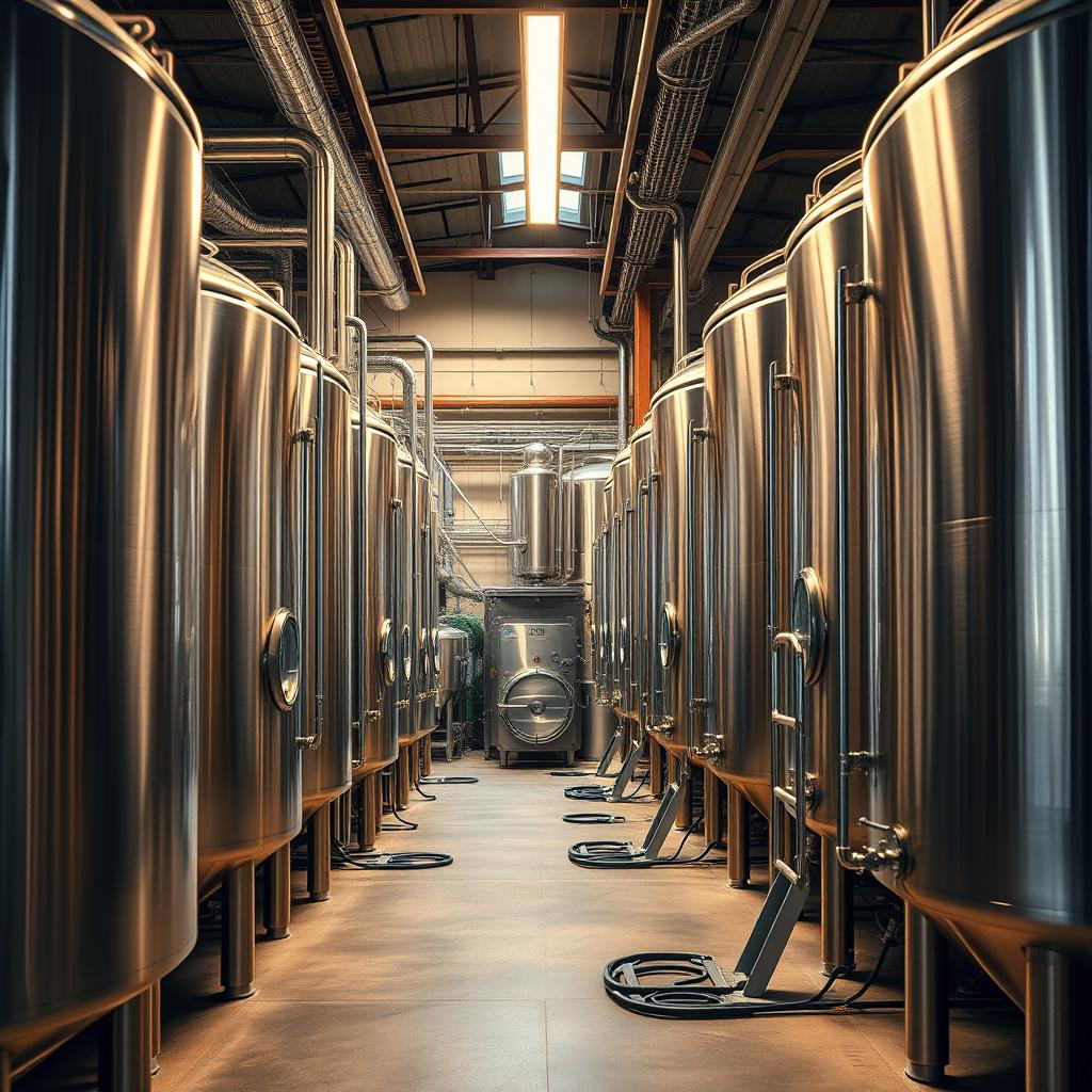 Modern craft brewery with stainless steel fermentation tanks for hybrid brewing techniques