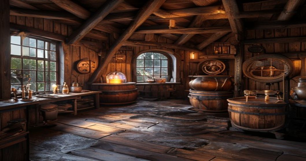Traditional Norwegian farmhouse brewery with wooden fermentation vessels