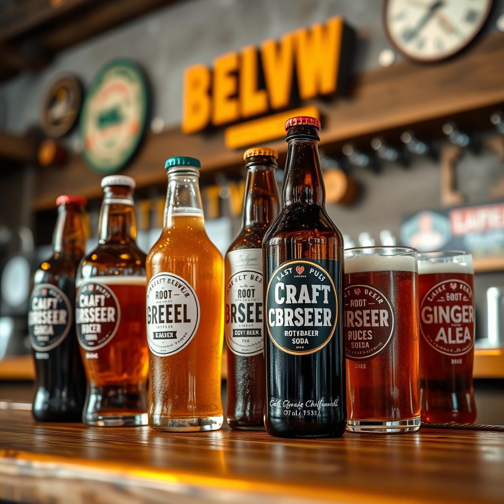 Craft brewery taproom display with malt-based sodas and craft beers, root beer and ginger ale bottles with condensation