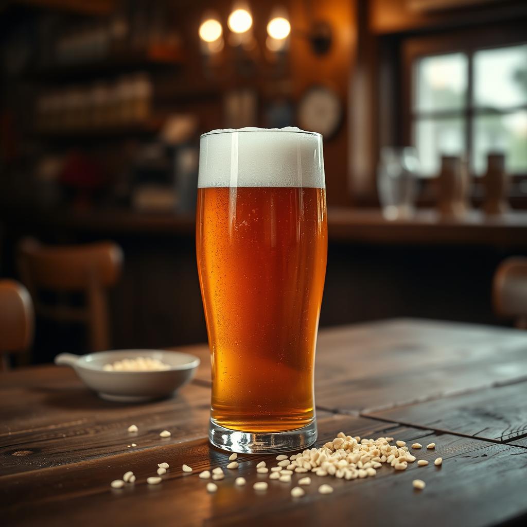 Glass of German Roggenbier rye beer with frothy head on rustic wooden table