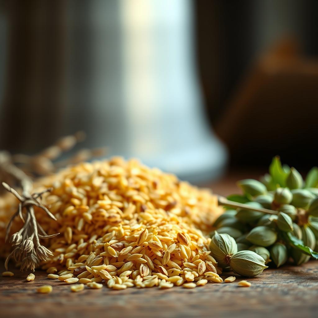 Golden rye grains and dried hops on a wooden brewing table