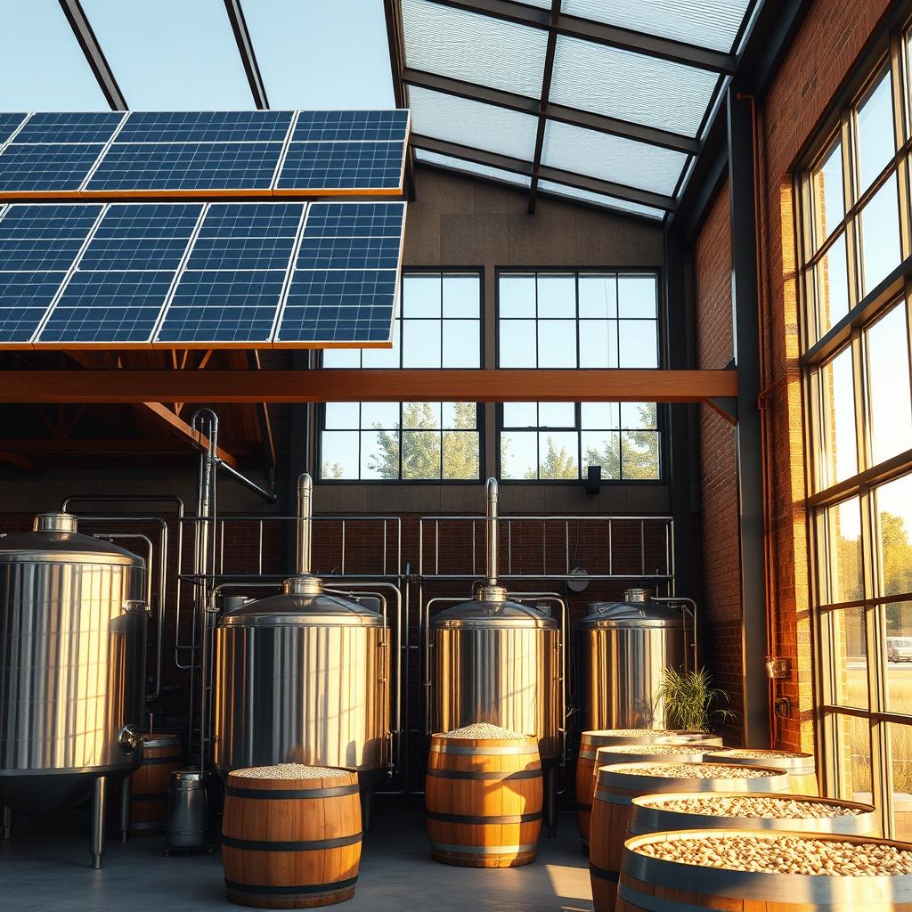 Modern sustainable craft brewery with solar panels and spent grain collection for circular economy brewing