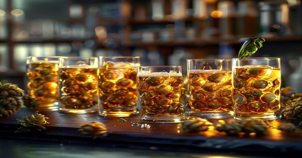 Craft beer hops with aromatic compounds highlighted