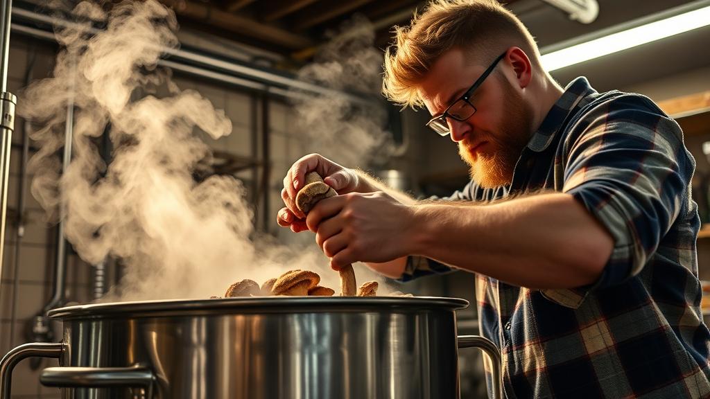 Homebrewer carefully adding dried lion's mane mushroom to boiling wort during brew day