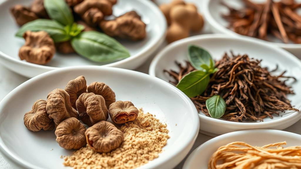 Dried reishi mushroom, ashwagandha root, and lemon balm arranged on ceramic dishes for adaptogenic ale brewing