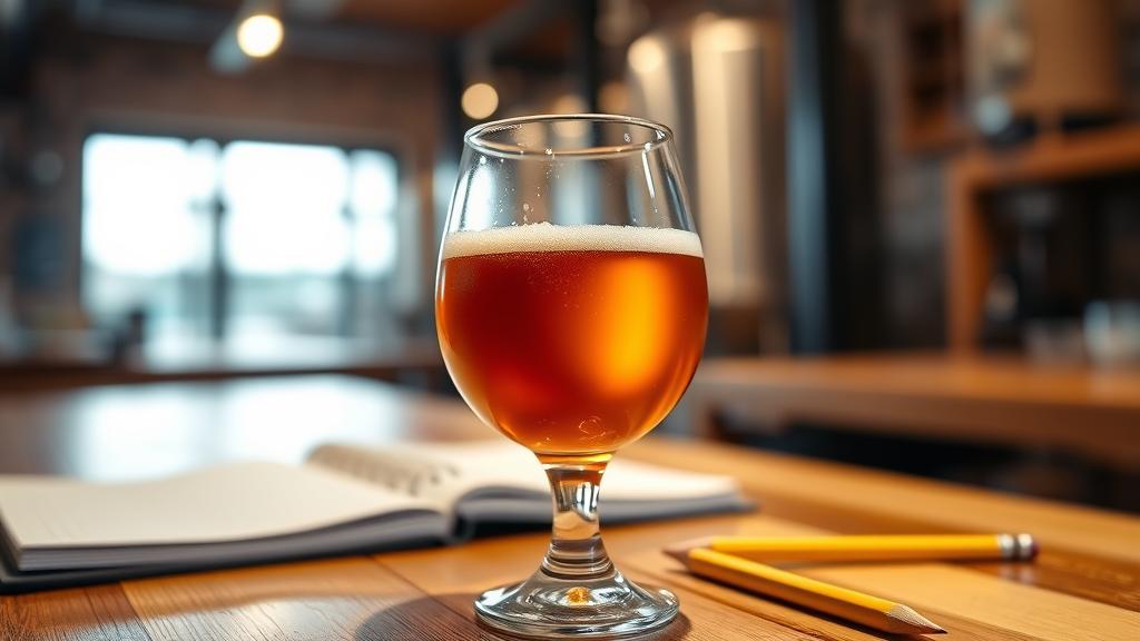 Amber-coloured adaptogenic ale poured into a tulip glass on a wooden tasting table with brewing notes