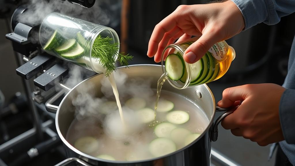Homebrewer adding fresh dill and sliced cucumbers into simmering wort after acid rest