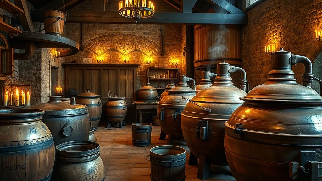 Ancient German brewing vessels and historical beer-making heritage in traditional brewery setting