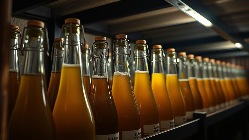 Berliner Weisse bottles with cork cages maturing in a dark cellar