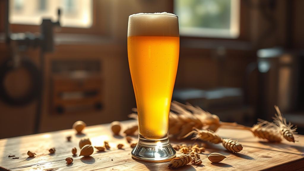 Pale golden Berliner Weisse in a traditional Weizen glass with thick cream head