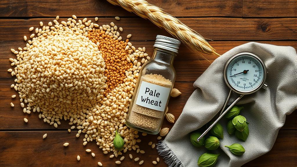 Brewing ingredients laid out: pale malt, wheat, Lactobacillus culture, hops, hydrometer